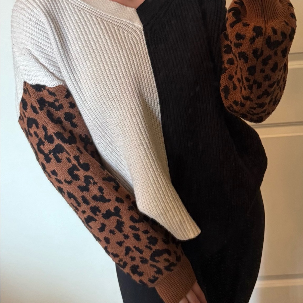 Leopard Sleeve Colorblock Sweater